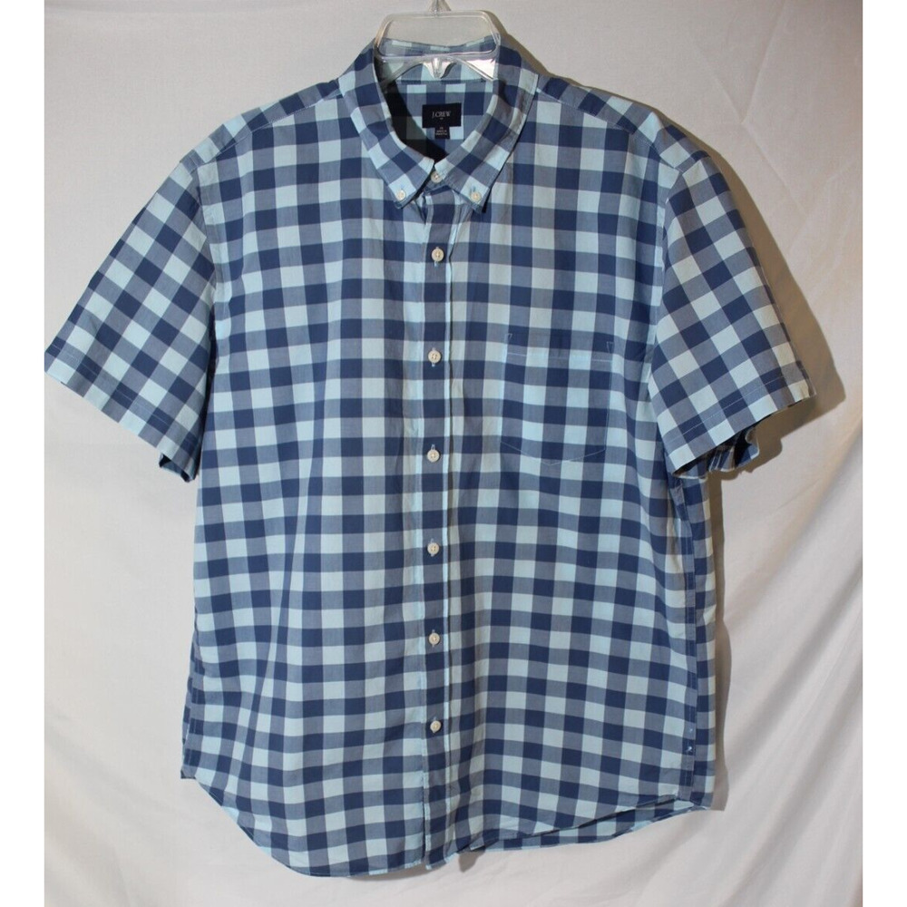 J Crew Blue Gingham Check Plaid Button-down Shirt Short Sleeve Men's XL Preppy
